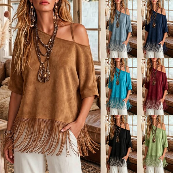 Loose-fit Western-style T-shirt With A Fringed Hem