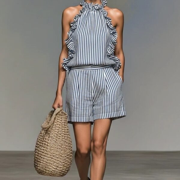 Casual Sleeveless Striped Lace T-shirt Top And Shorts