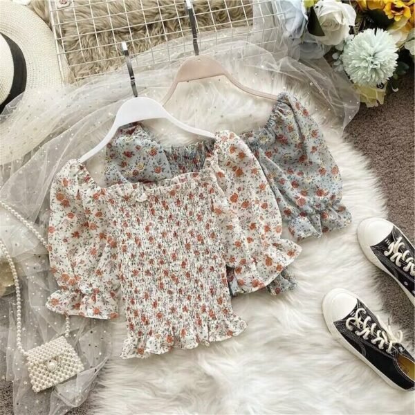 Square-neck Chiffon Floral Womens Summer Short-sleeve Top